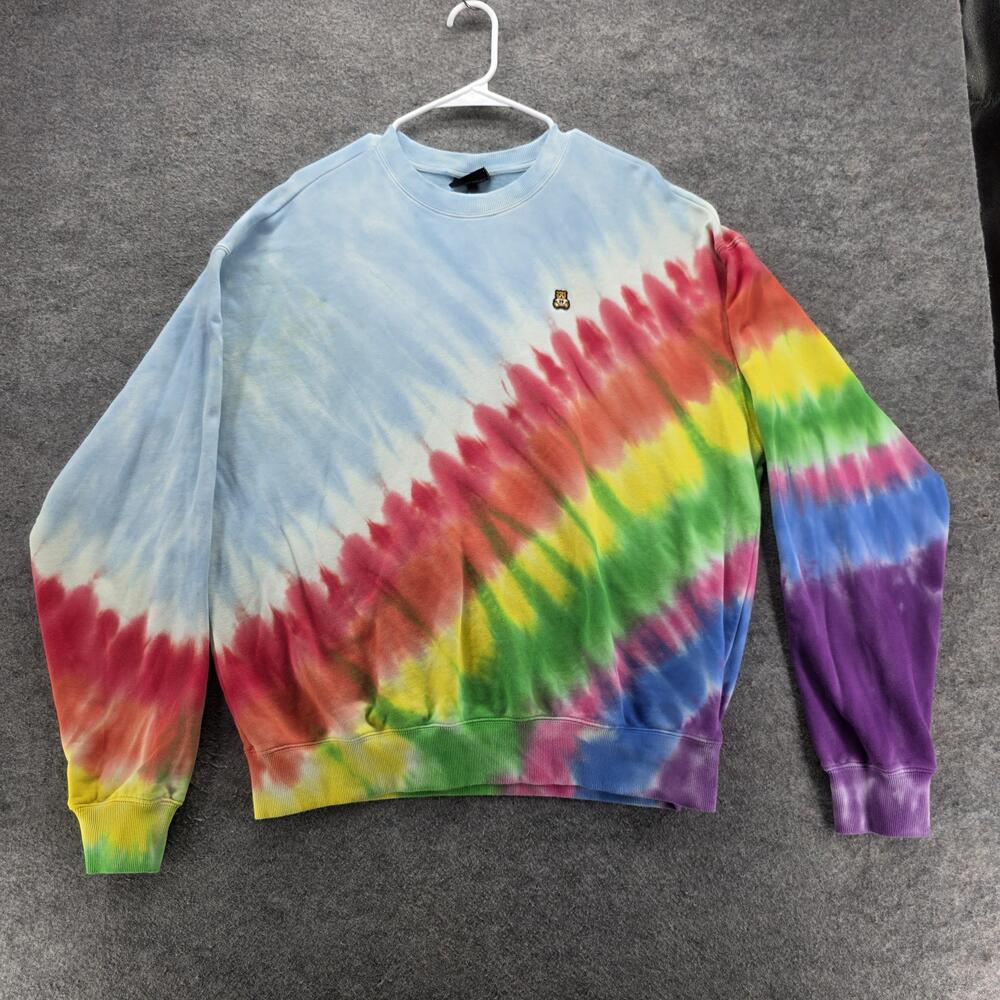 Teddy Fresh Sweater Mens Medium Crewneck Pullover Bear Patch Tie Dye Rainbow